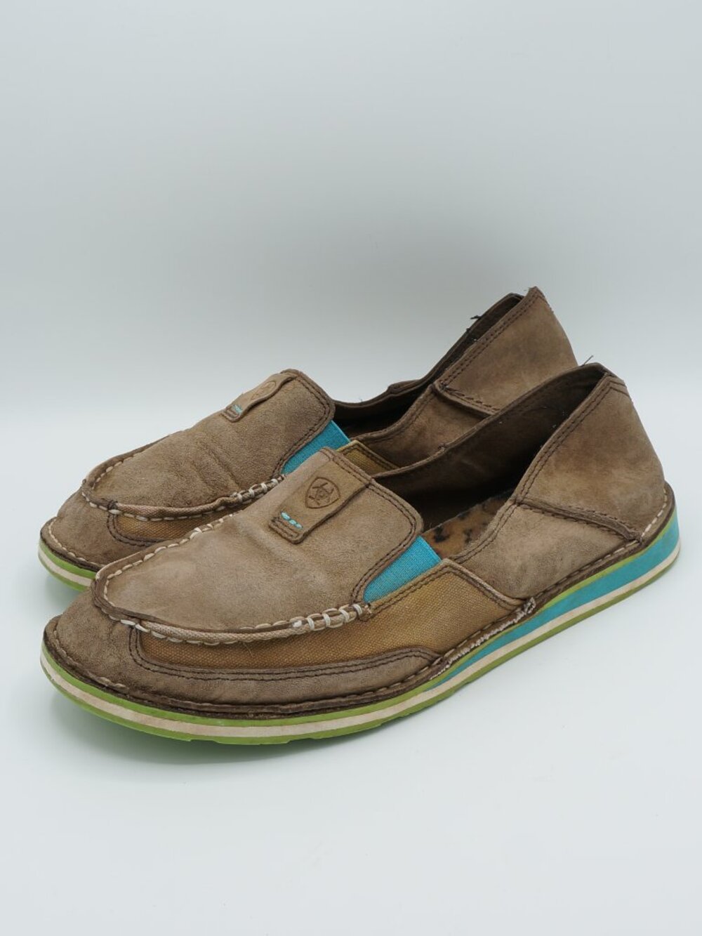 Ariat Cruiser Brown Suede Turquoise Leopard Print Slip On Loafers Women's 10B
